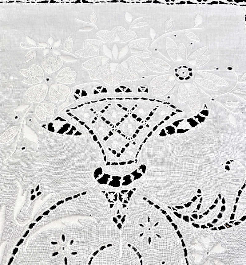 Heirloom Antique Hand Embroidered Lace Flower Basket Square Tablecloth