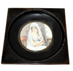 Framed French antique miniature portrait of bride in veil