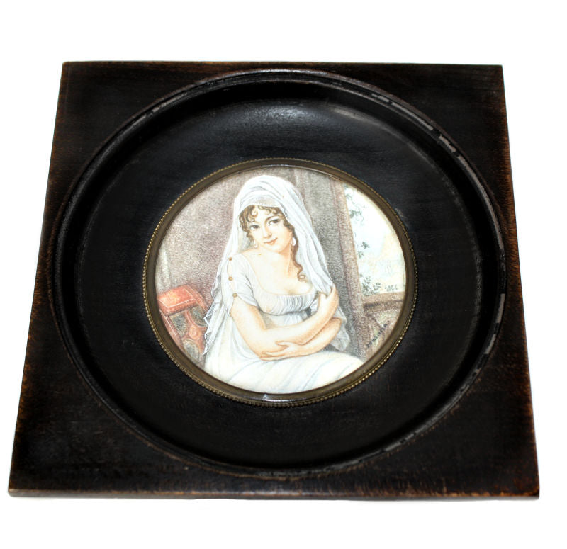 Framed French antique miniature portrait of bride in veil