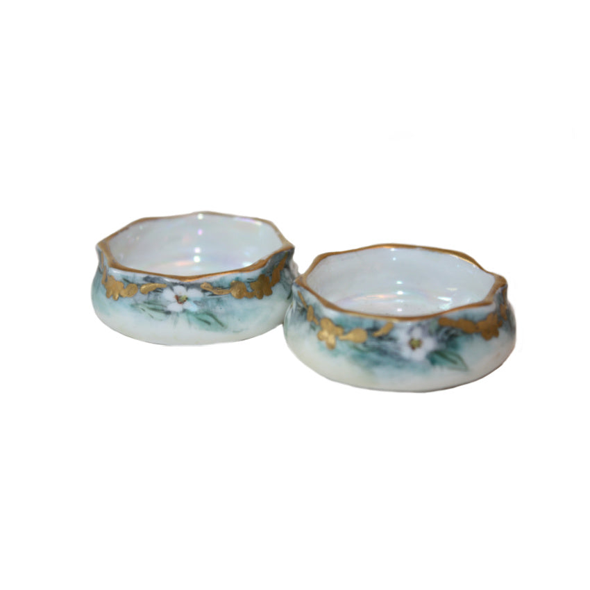 antique hand painted floral porcelain salt cellars