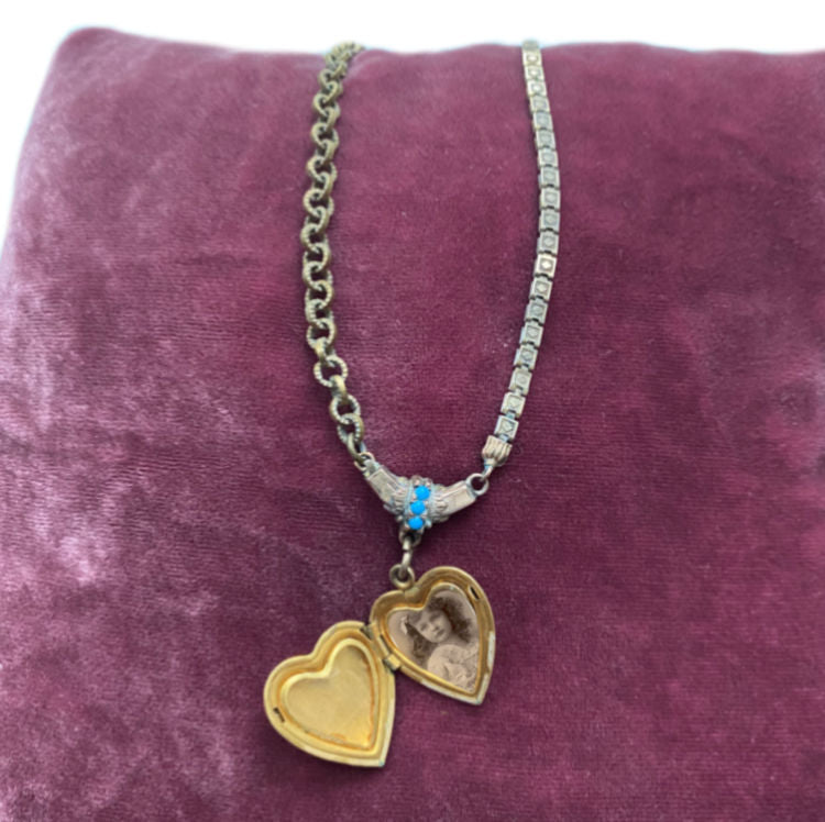 Antique Heart Locket and Turquoise Necklace