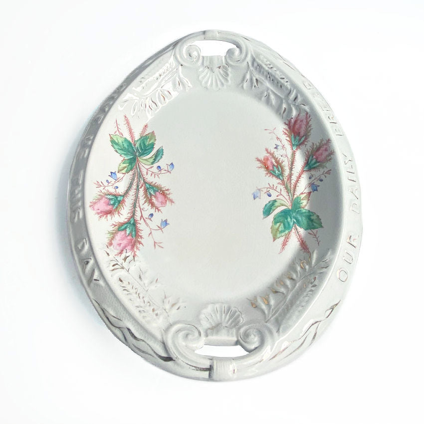 Antique Ironstone Pink Roses Give Us This Day Our Daily Bread Tray