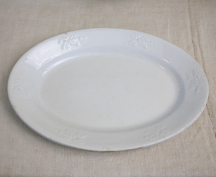 close up antique platter rim detail leaf and berry border aged ironstone glaze texture
