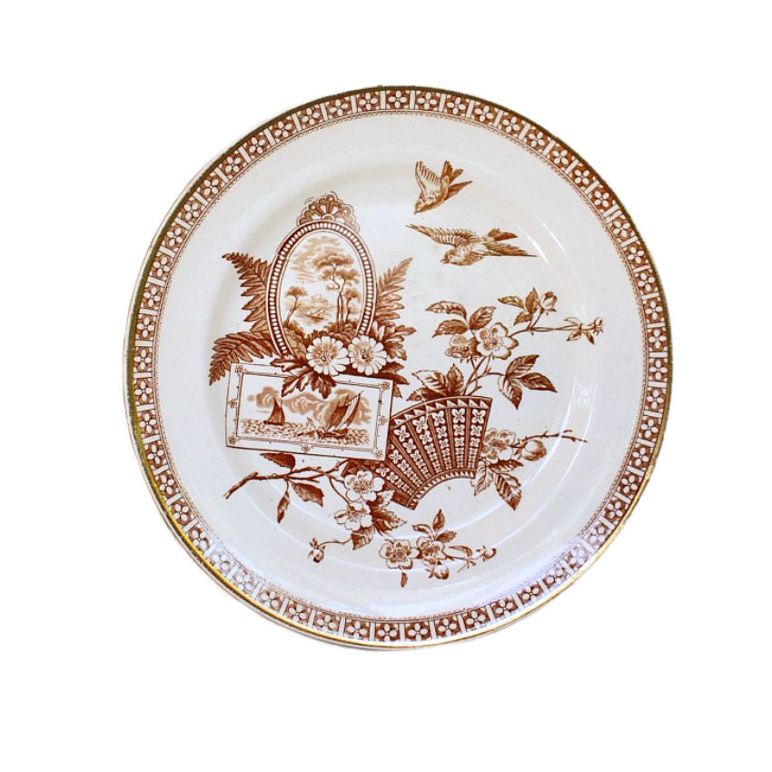 Antique 1800&#39;s Brown Aesthetic Plate Gilt Birds