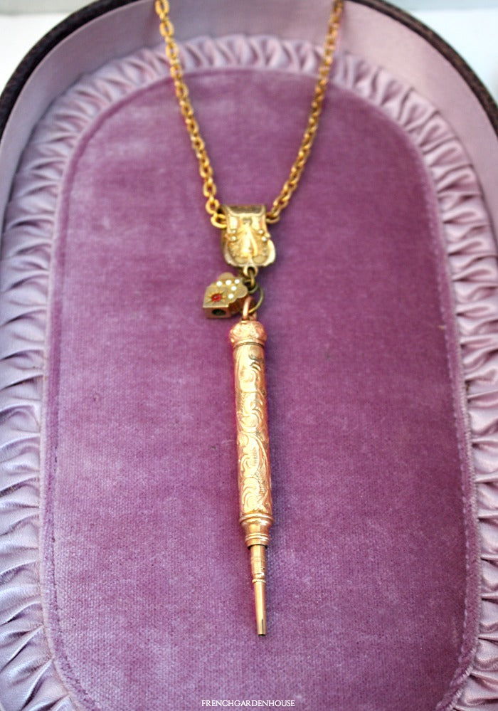 Antique Gold Filled Lady's Ornate Pencil and Heart Slide Necklace