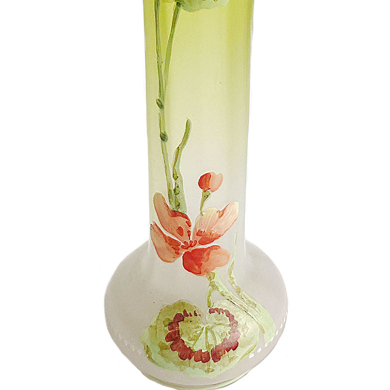 A satin Antique Legras Mont Joye Glass Vase with green to clear glass with enameled flowers, featuring brightly colored accents.