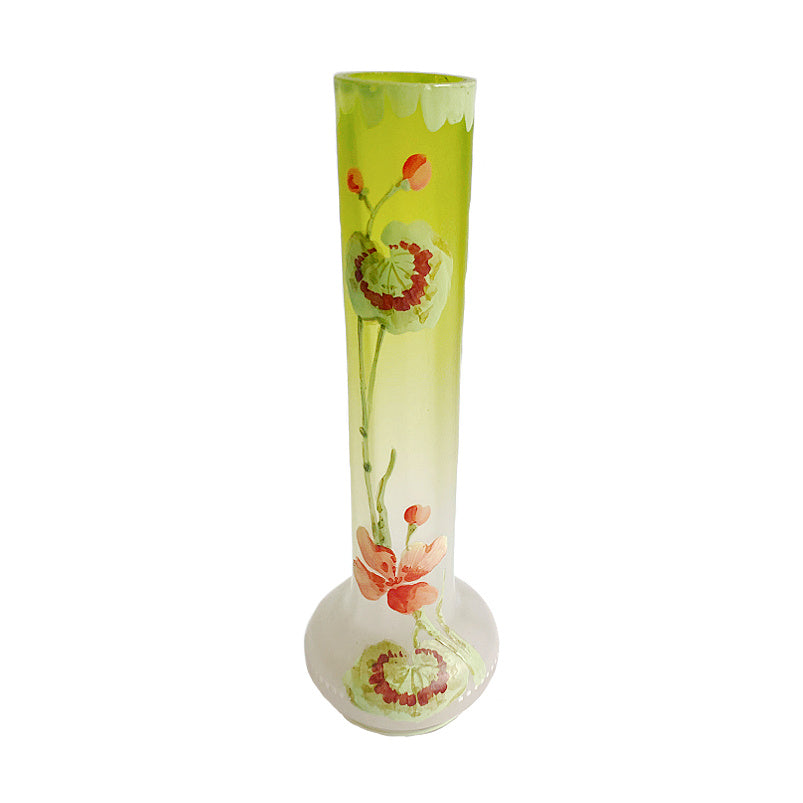 A satin Antique Legras Mont Joye Glass Vase with green to clear glass with enameled flowers, featuring brightly colored accents.