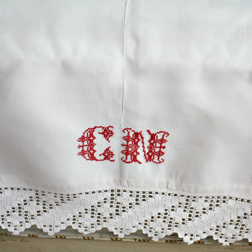 Antique French White Linen Sheet Red Monogram