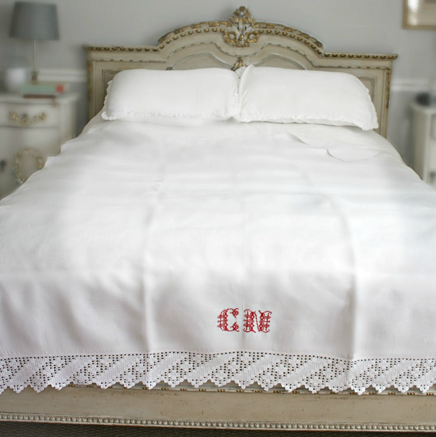 Antique French White Linen Sheet Red Monogram