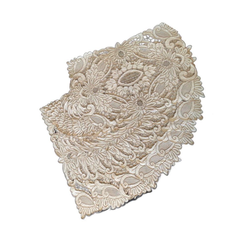 Antique cream linen placemats with dimensional hand stitched floral embroidery