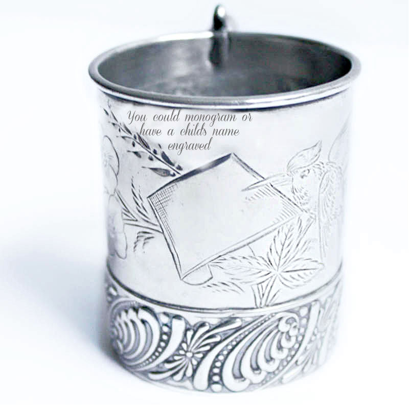 Antique Silver Child's Christening Cup with Bird