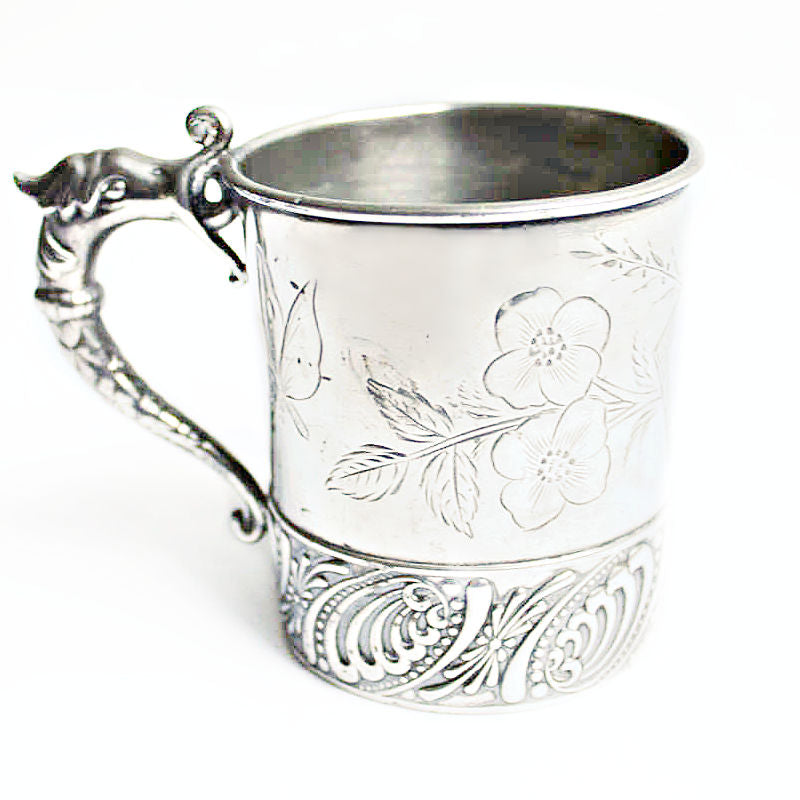 Antique Silver Child&#39;s Christening Cup with Bird