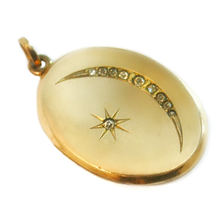 Antique Crescent Moon & Stars Oval Locket