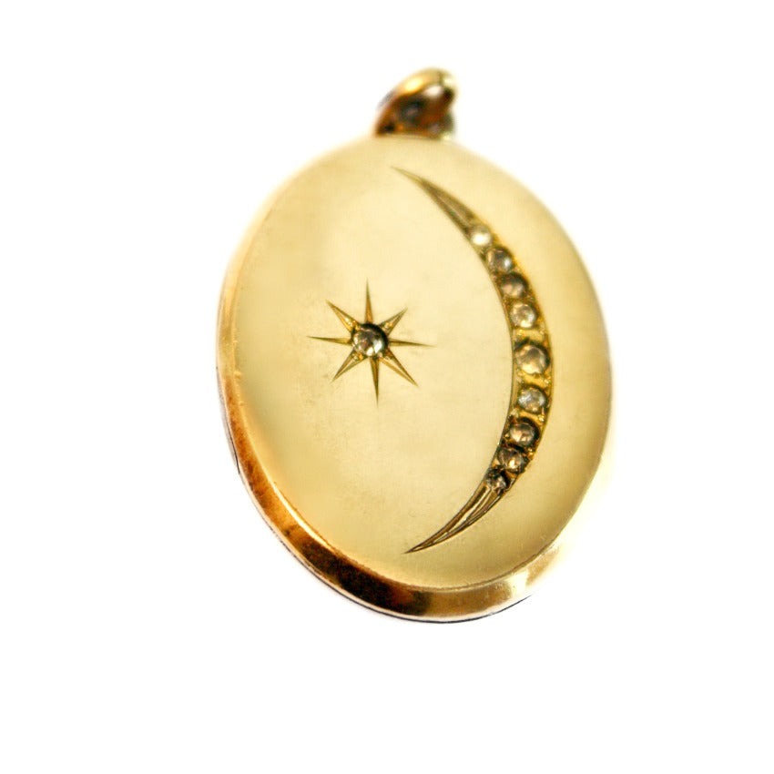 Antique Crescent Moon &amp; Stars Oval Locket