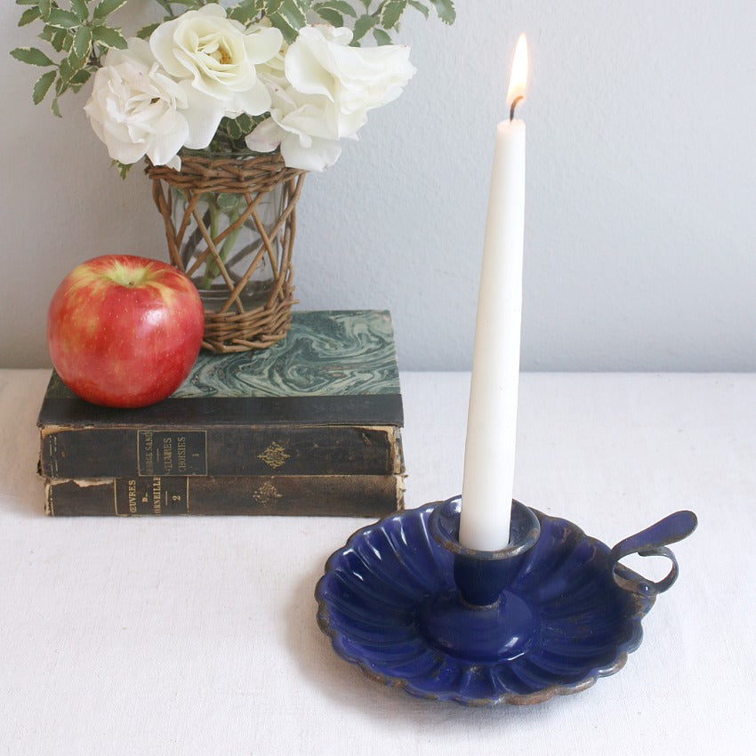 antique French blue enamel candle holder