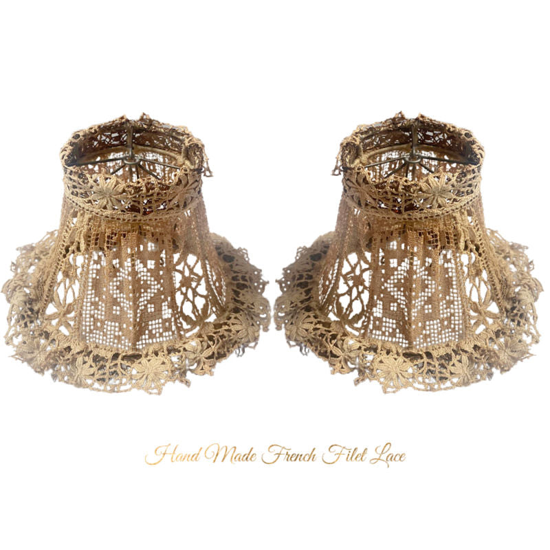 Pair Antique French Hand Made Lace Sconce Shades with Gold Bullion