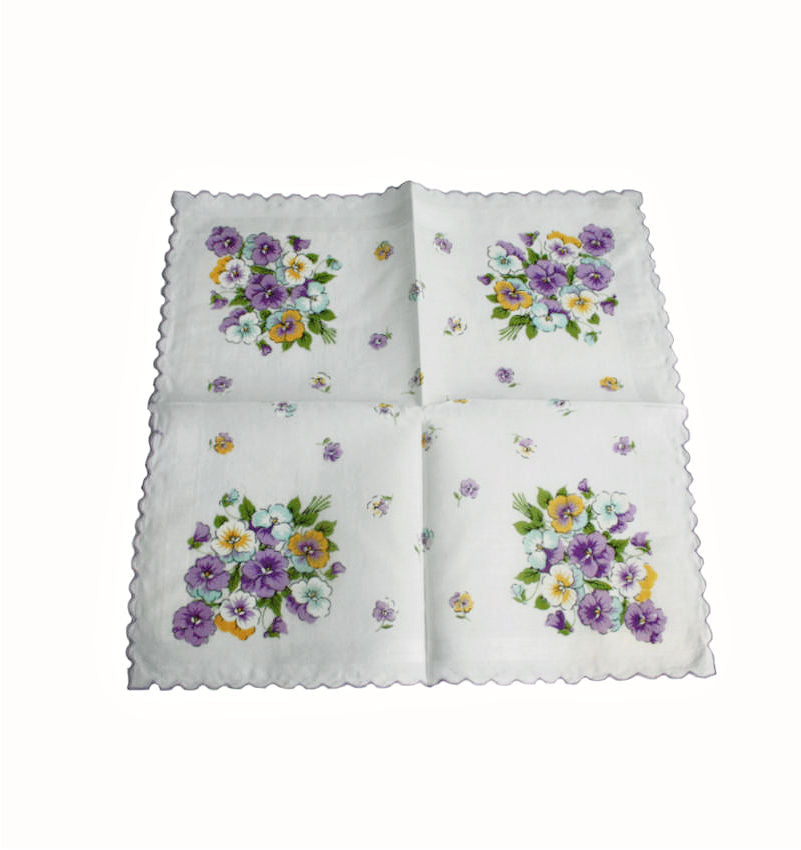 Vintage Swiss Scalloped Handkerchief with Pansies