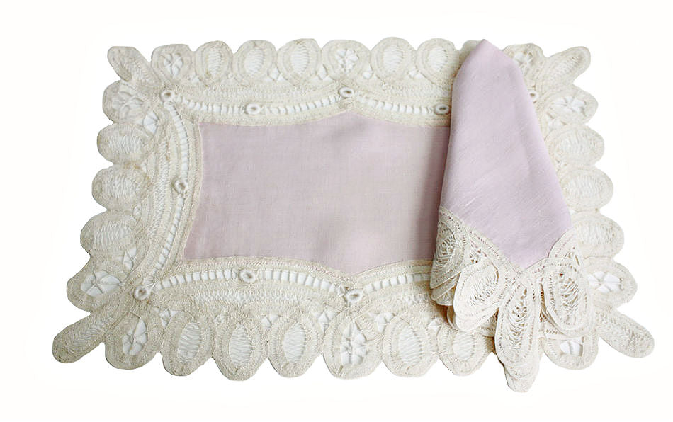 Antique Battenberg Lace and Pink Linen Place Setting for 8 and Runner