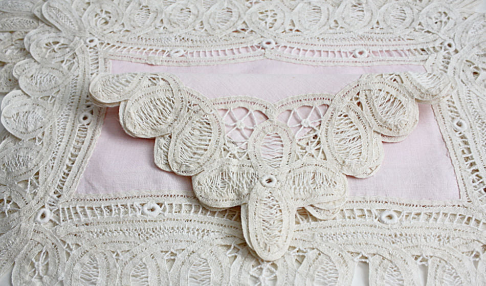 Antique Battenberg lace linen table ensemble for eight with pink linen centers