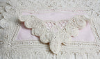 Antique Battenberg lace linen table ensemble for eight with pink linen centers