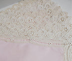 Close view of intricate handmade Battenberg tape lace embroidery