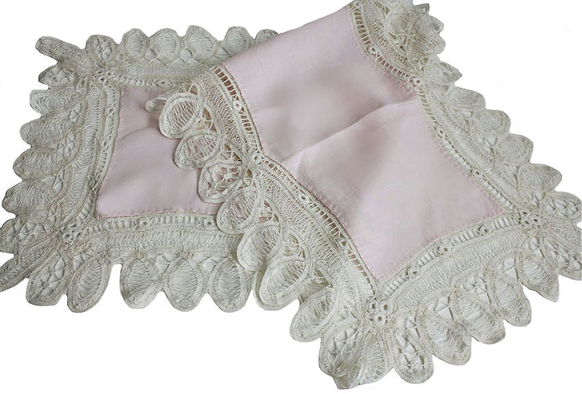 Late 19th century Battenberg lace table linens with petal pink centers