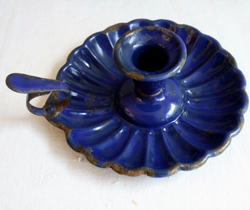 Antique French Classic Blue Enameled Candle Holder