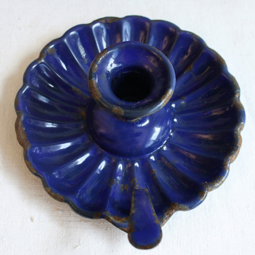 Antique French Classic Blue Enameled Candle Holder