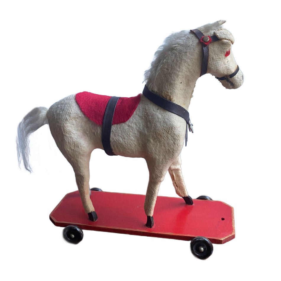 Early 1900's Cream Horse Pull Toy on Platform with Wheels