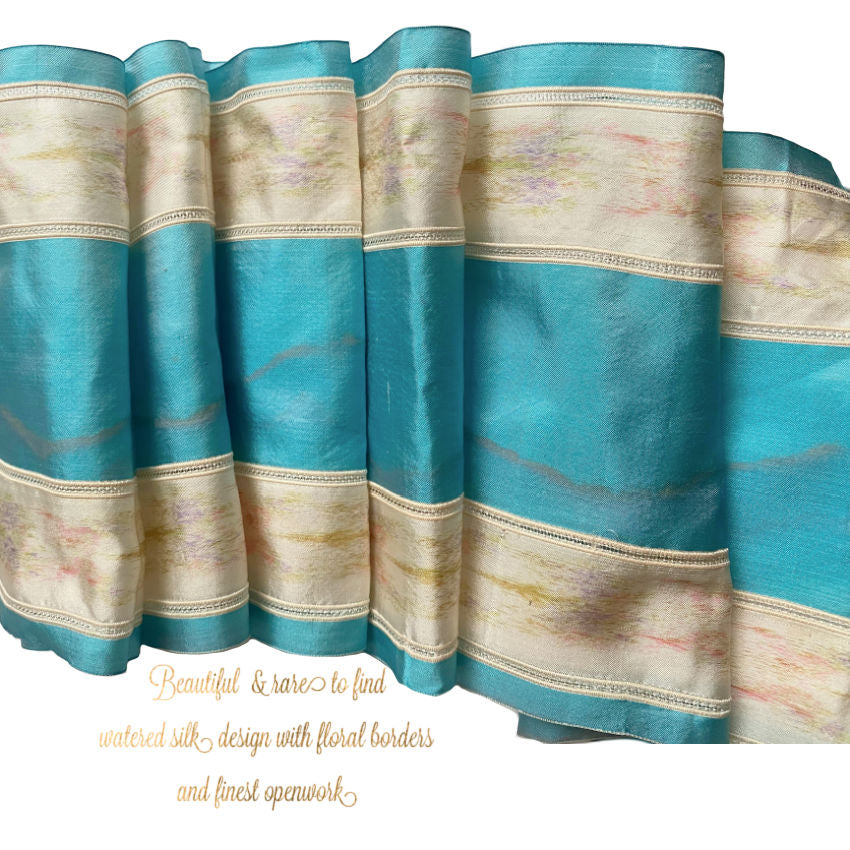 Antique French watered silk ribbon, of aqua blue and white striped silk ribbon with floral patterns in pink, lavender, and green.