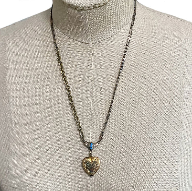 Antique Heart Locket and Turquoise Necklace