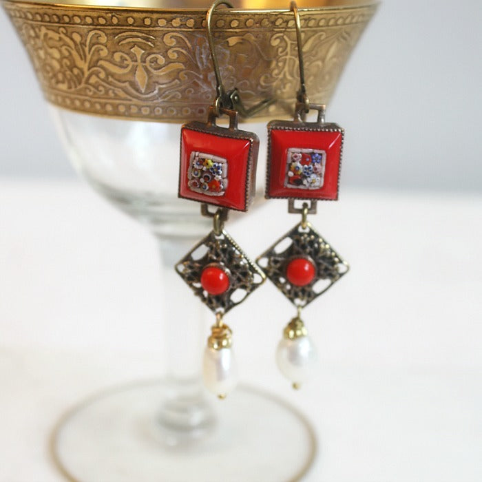 Pearl and micromosaic earrings