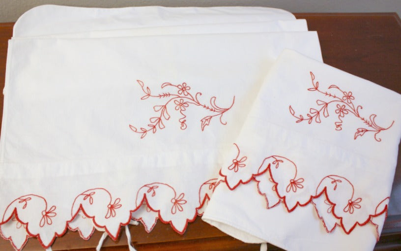 Antique Redwork Hand Embroidered Pillow Case Pair