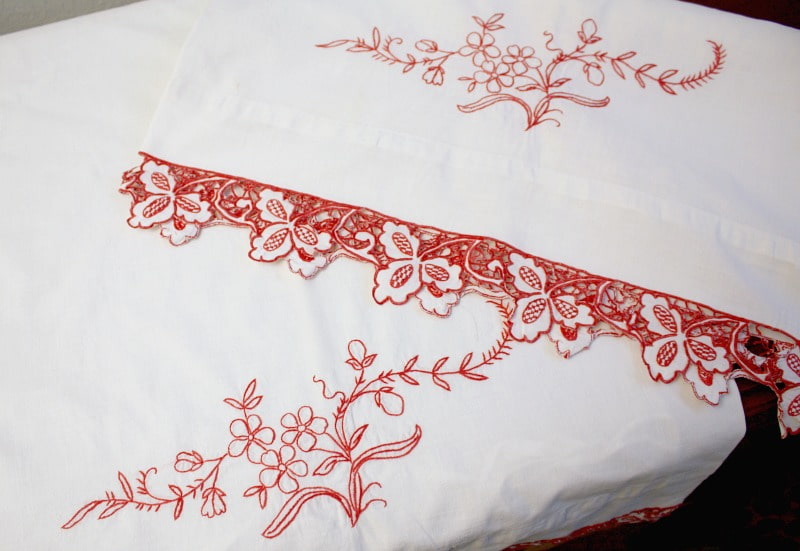 Antique Redwork Hand Embroidered Pillow Case Pair B