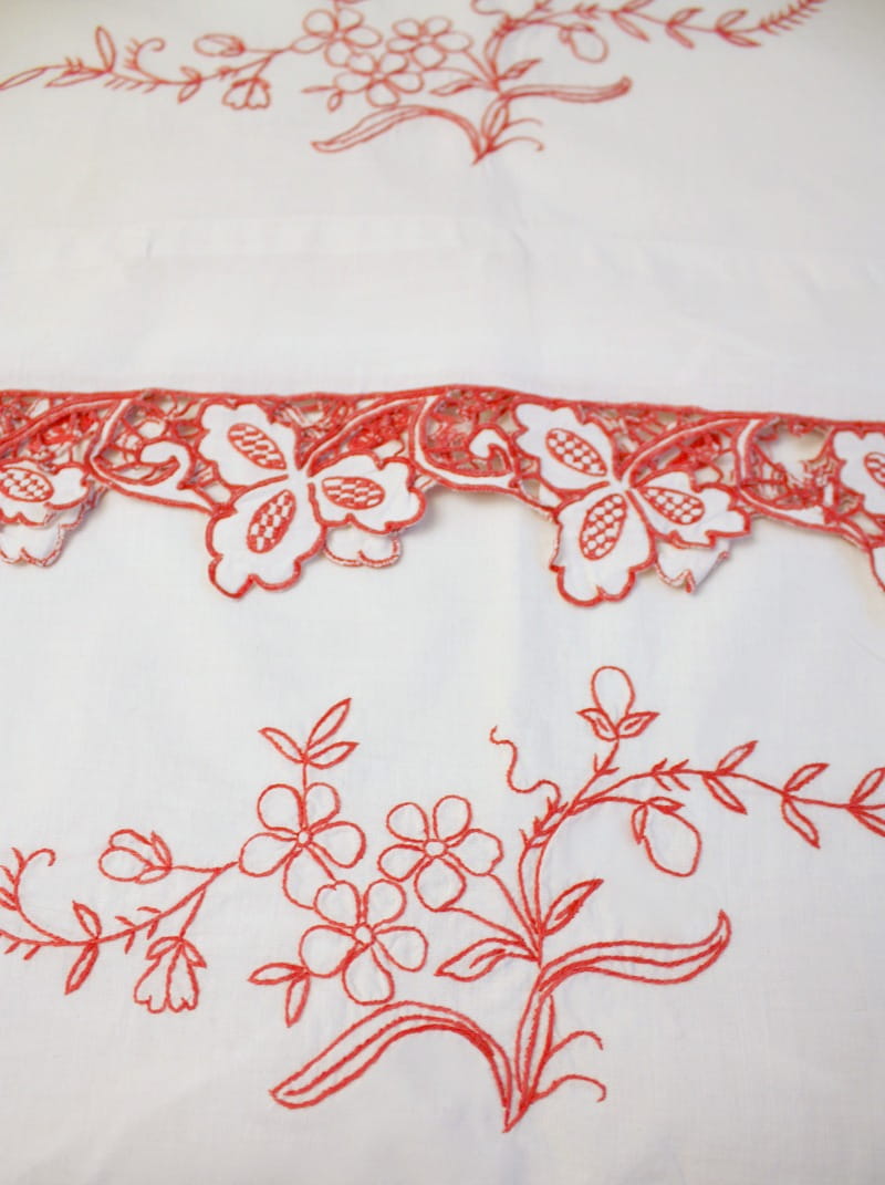 Antique Redwork Hand Embroidered Pillow Case Pair B