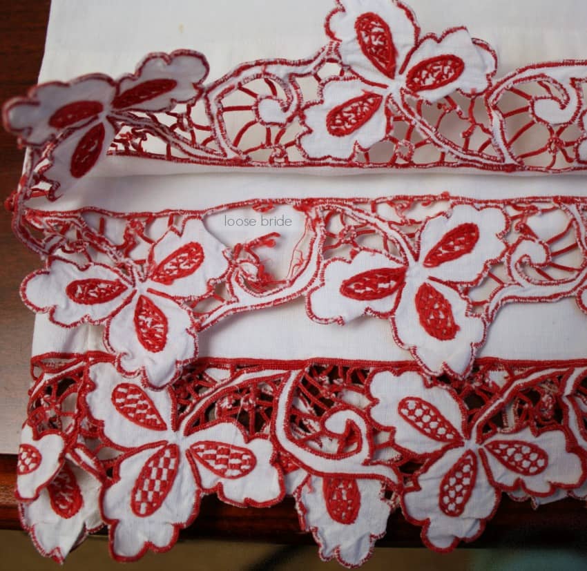 Antique Redwork Hand Embroidered Pillow Case Pair B