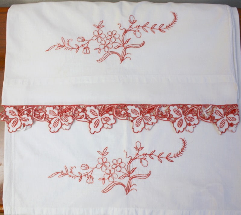 Antique Redwork Hand Embroidered Pillow Case Pair B