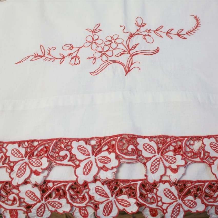 Antique Redwork Hand Embroidered Pillow Case Pair B