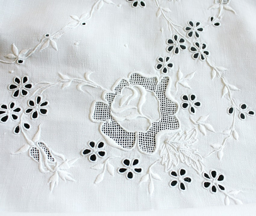 Antique White Hand Embroidered Linen Tablecloth Roses