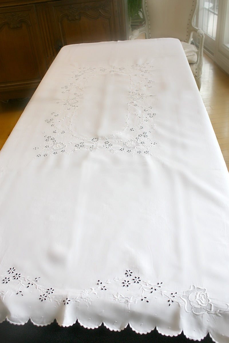 Antique White Hand Embroidered Linen Tablecloth Roses