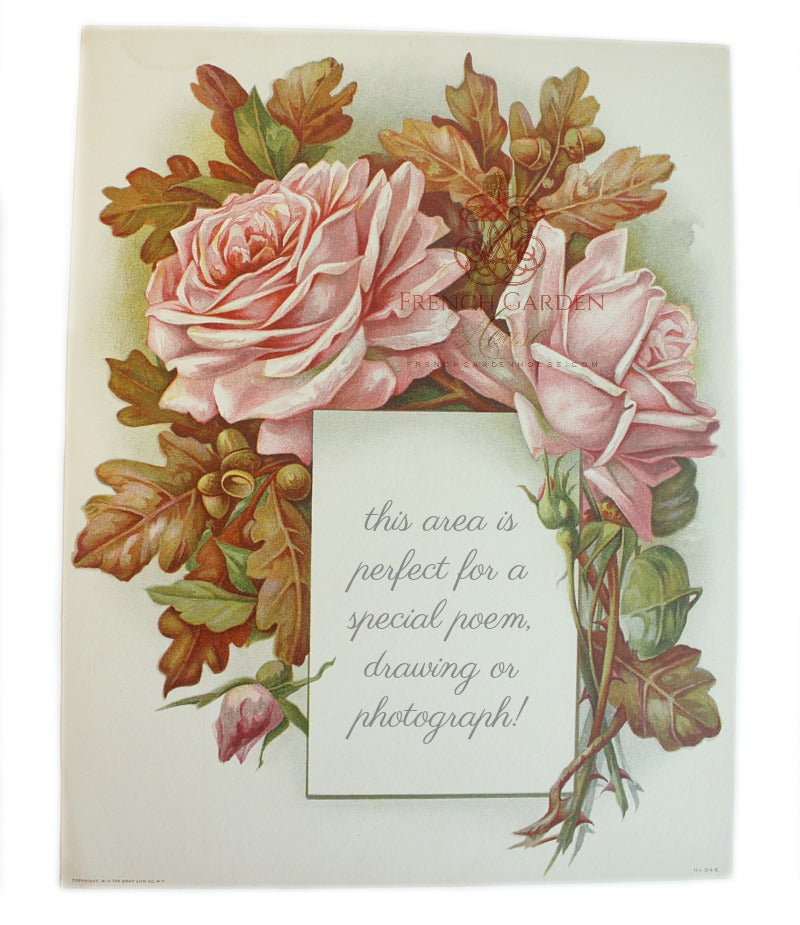 Antique Chromolithograph Menu Pink Rose and Acorn