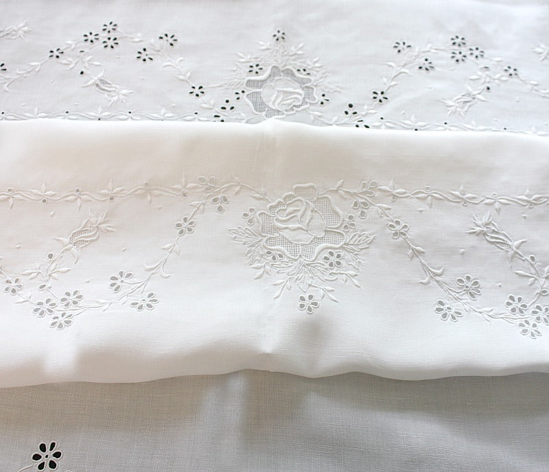 Antique White Hand Embroidered Linen Tablecloth Roses