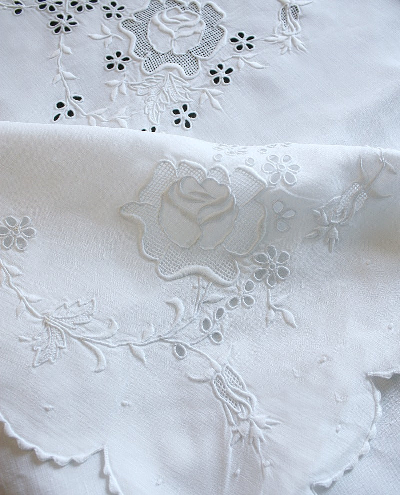 Antique White Hand Embroidered Linen Tablecloth Roses