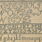 Antique sampler, 19th century embroidery, ABC sampler, handstitched, textile art, collectible needlework, antique education artifact, vintage embroidery, historic needlework, French garden decor, early schoolwork sampler