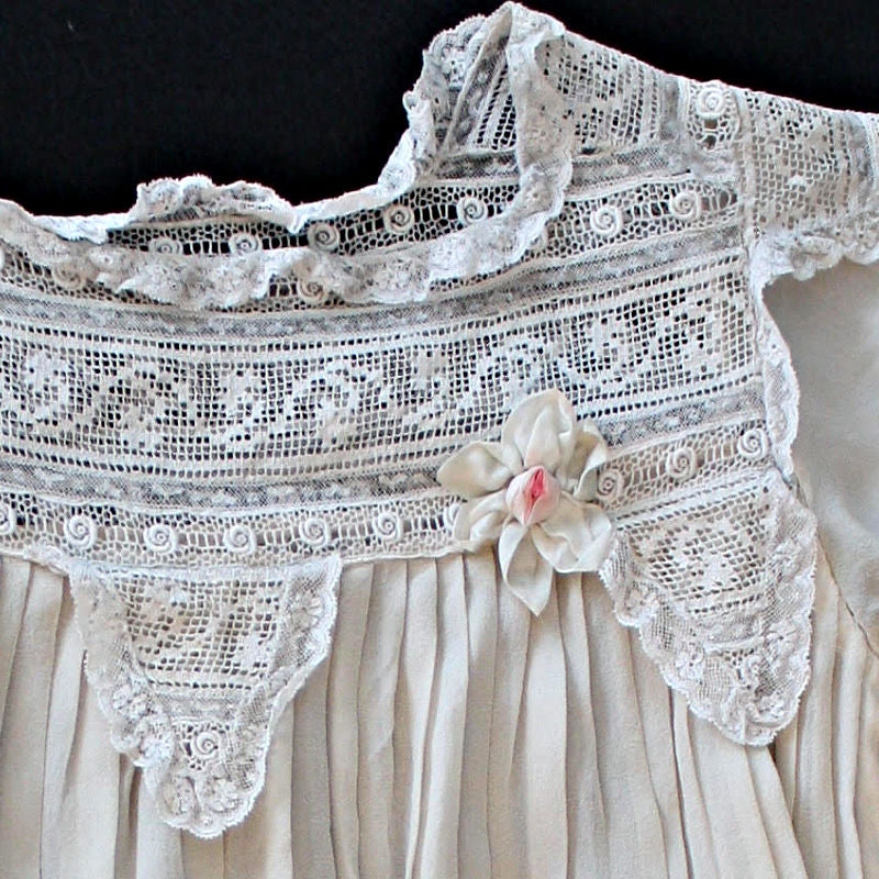 Antique French Dove Cream Silk Crepe and Lace Little Girl&#39;s Dress