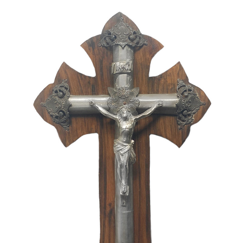 Antique French Silver Carve Wood Altar Cross