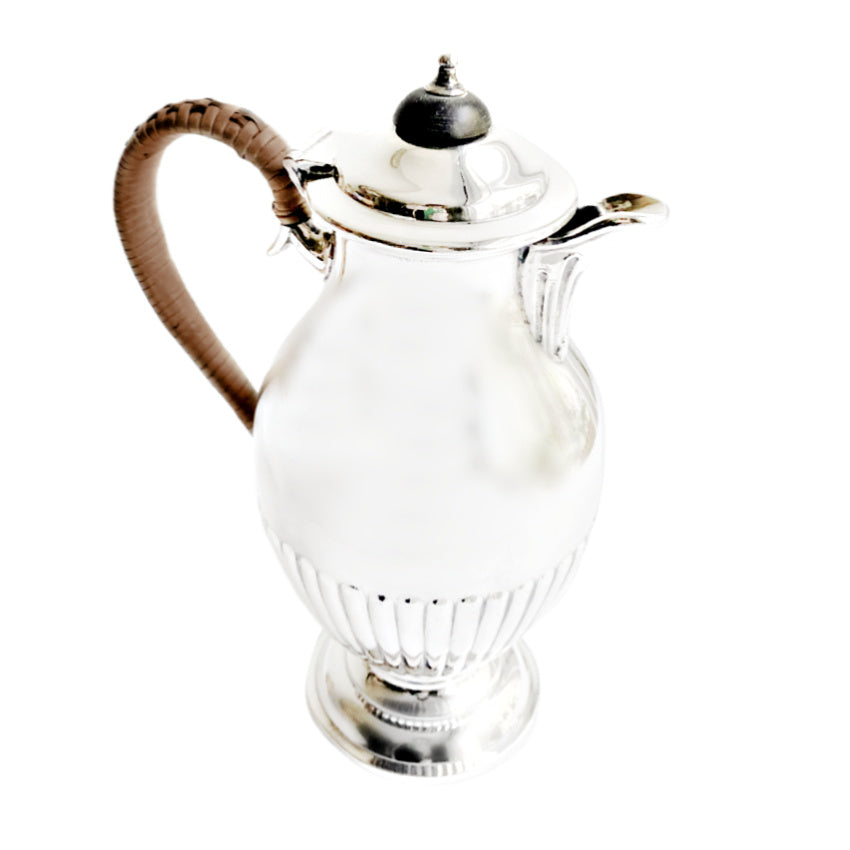 Antique English silver plate chocolate pot Hutton & Sons 1902 wicker handle reeded footed body hot chocolate server
