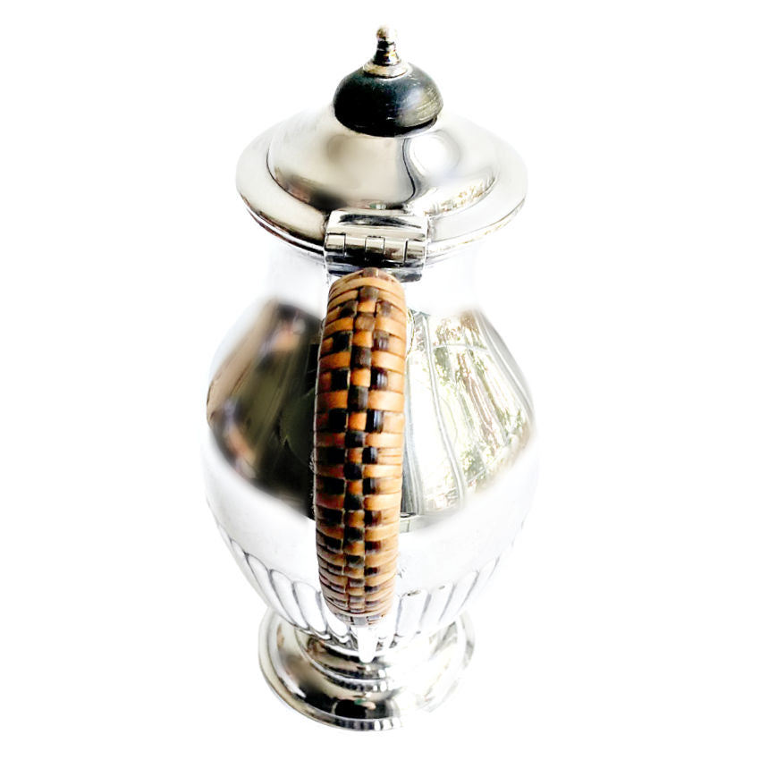 Antique chocolate pot with original wicker wrapped handle English silver plate Hutton and Sons Sheffield