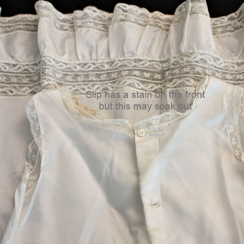 Antique French Silk Ivory Christening Gown and Slip with Lace