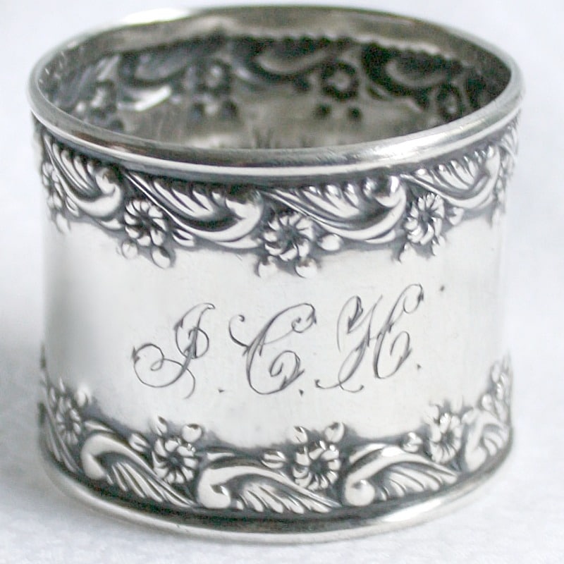 Antique Sterling Repousse Floral Napkin Ring Monogram J C H